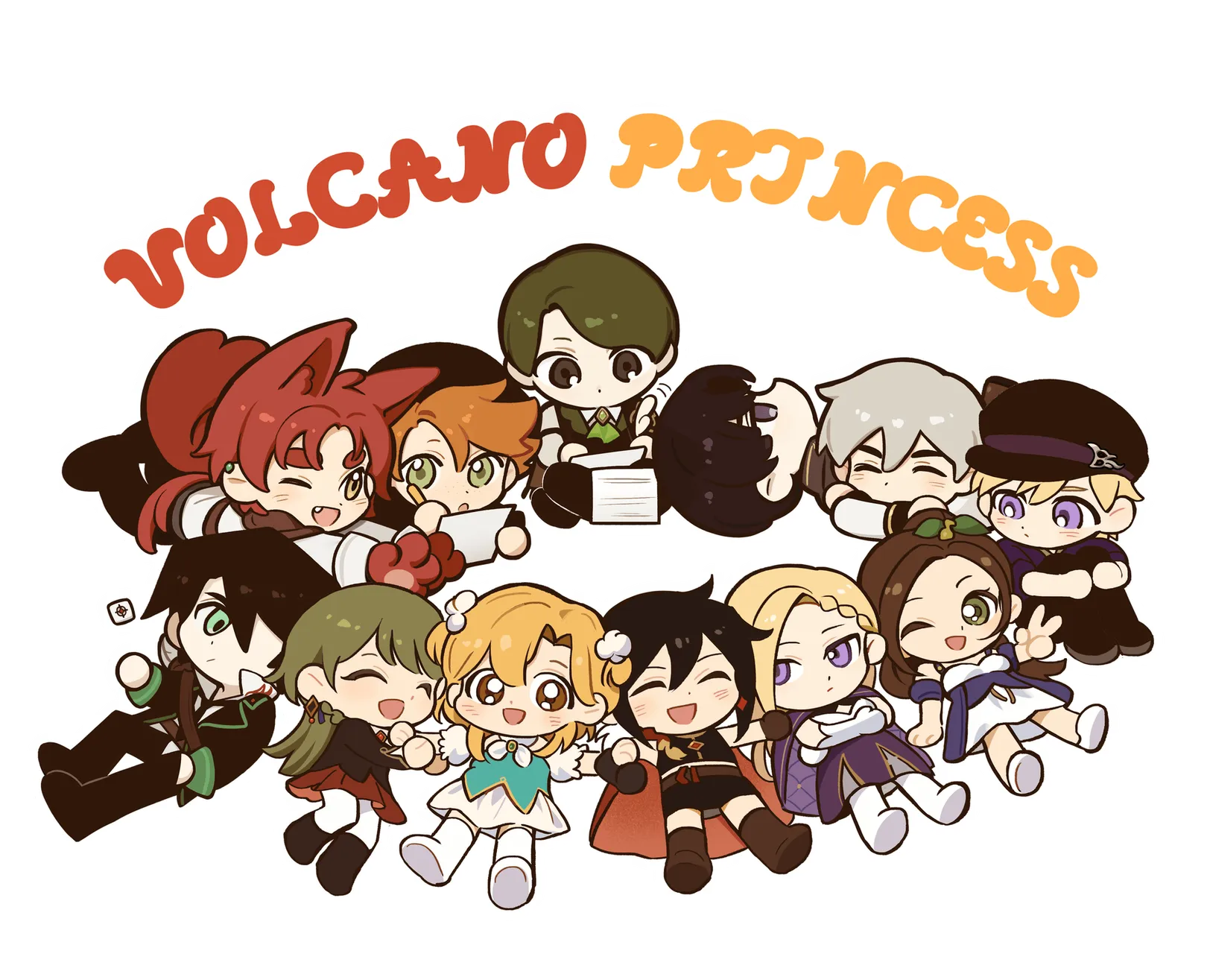 An illustration of the cast drawn in a rounded chibi style, sitting together.